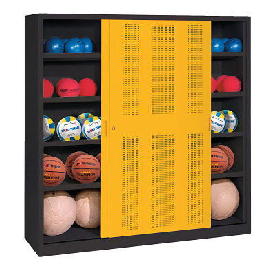 C+P Ballenkast met geperforeerde plaatstalen schuifdeuren (Type 4), HxBxD 195x160x50 cm, Verkeersgeel (RAL 1023), Uniforme vergrendeling
