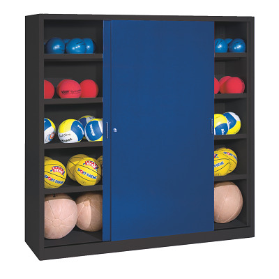 C+P Ballenkast met geperforeerde plaatstaal vleugeldeuren (Type 4), HxBxD 195x190x60 cm, Gentiaanblauw (RAL 5010), Uniforme vergrendeling