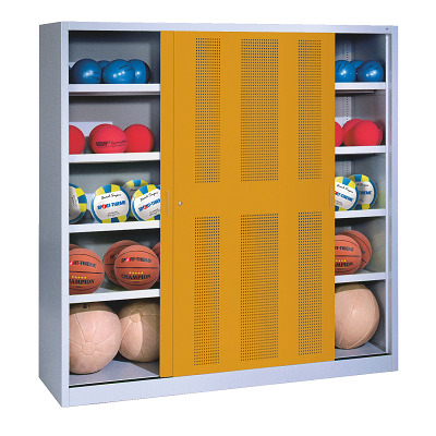 C+P Ballenkast met geperforeerde plaatstaal vleugeldeuren (Type 4), HxBxD 195x190x60 cm, Goudgeel (RAL 1004), Uniforme vergrendeling