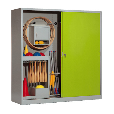 C+P Kast voor sportuitrusting met schuifdeuren van massief plaatstaal (Type 5), HxBxD 195x190x60 cm, Clowngroen (RAL 110 80 60), Uniforme vergrendeling