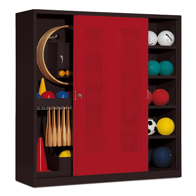 C+P Kast voor sportuitrusting met schuifdeuren van geperforeerd plaatstaal (Type 5), HxBxD 195x190x60 cm, Robijnrood (RAL 3003), Uniforme vergrendeling