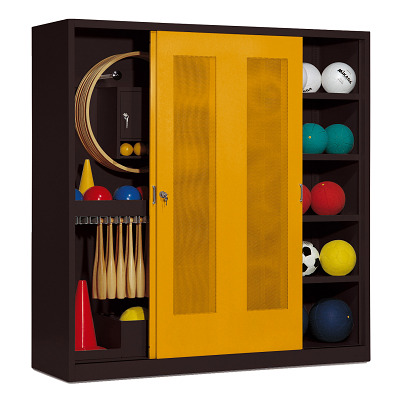 C+P Kast voor sportuitrusting met schuifdeuren van geperforeerd plaatstaal (Type 5), HxBxD 195x190x60 cm, Goudgeel (RAL 1004), Uniforme vergrendeling