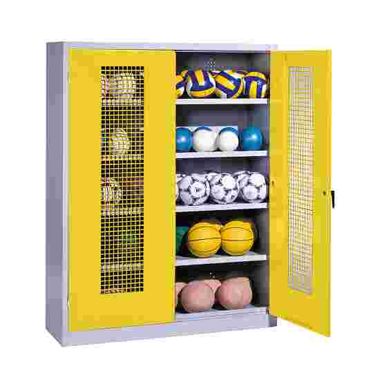 C+P Ballenkast (HxBxD195x150x50 cm, met geperforeerde plaatstaal vleugeldeuren, type 3) Fel geel (RDS 080 80 60), Lichtgrijs (RAL 7035), Afzonderlijk slot per kast, Handvat