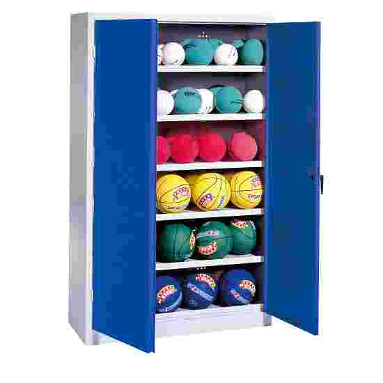 C+P Ballenkast (HxBxD195x150x50 cm, met geperforeerde plaatstaal vleugeldeuren, type 3) Gentiaanblauw (RAL 5010), Lichtgrijs (RAL 7035), Uniforme vergrendeling, Handvat