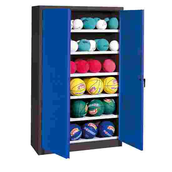 C+P Ballenkast (HxBxD195x150x50 cm, met geperforeerde plaatstaal vleugeldeuren, type 3) Gentiaanblauw (RAL 5010), Antraciet (RAL 7021), Uniforme vergrendeling, Handvat