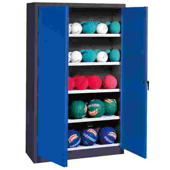 C+P Ballenkast (HxBxD195x150x50 cm, met geperforeerde plaatstaal vleugeldeuren, type 3) Gentiaanblauw (RAL 5010), Antraciet (RAL 7021), Uniforme vergrendeling, Ergo-Lock handgreep