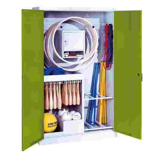 C+P Sportmateriaalkast (HxBxD 195x120x50 cm, met massief plaatstalen-vleugeldeuren Type 1) Viridiaangroen (RDS 110 80 60), Lichtgrijs (RAL 7035), Uniforme vergrendeling, Handvat