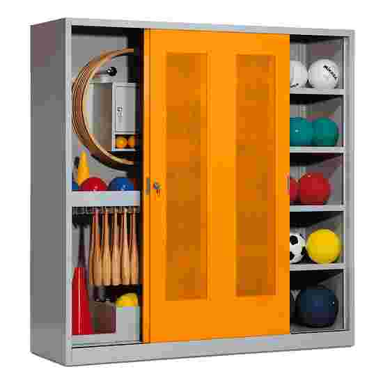 Sportmateriaalkast, hxbxd 195x190x60 cm, met schuifdeuren van geperforeerd plaatstaal (type 5) Geel-oranje (RAL 2000), Lichtgrijs (RAL 7035), Afzonderlijk slot per kast