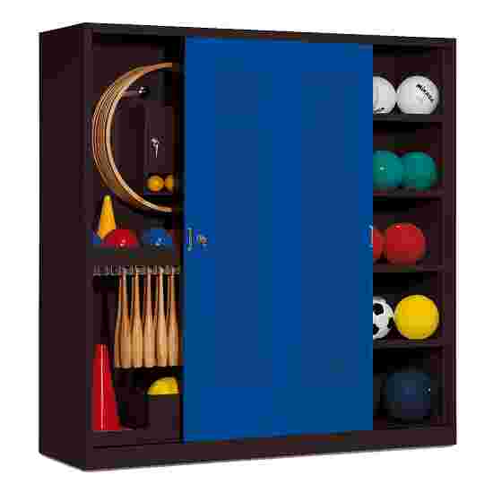 Sportmateriaalkast, hxbxd 195x190x60 cm, met schuifdeuren van geperforeerd plaatstaal (type 5) Gentiaanblauw (RAL 5010), Antraciet (RAL 7021), Afzonderlijk slot per kast
