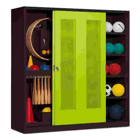 Sportmateriaalkast, hxbxd 195x190x60 cm, met schuifdeuren van geperforeerd plaatstaal (type 5) Viridiaangroen (RDS 110 80 60), Antraciet (RAL 7021), Afzonderlijk slot per kast