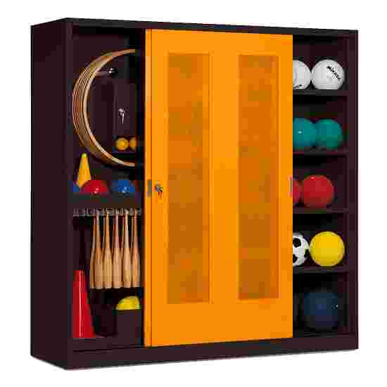 Sportmateriaalkast, hxbxd 195x190x60 cm, met schuifdeuren van geperforeerd plaatstaal (type 5) Geel-oranje (RAL 2000), Antraciet (RAL 7021), Afzonderlijk slot per kast