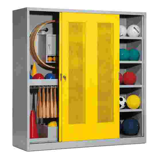Sportmateriaalkast, hxbxd 195x190x60 cm, met schuifdeuren van geperforeerd plaatstaal (type 5) Fel geel (RDS 080 80 60), Lichtgrijs (RAL 7035), Uniforme vergrendeling
