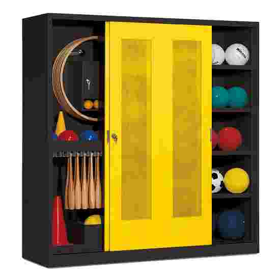Sportmateriaalkast, hxbxd 195x190x60 cm, met schuifdeuren van geperforeerd plaatstaal (type 5) Fel geel (RDS 080 80 60), Antraciet (RAL 7021), Uniforme vergrendeling