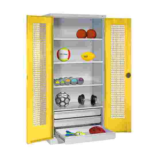 Sportmateriaalkast met schuifladen, hxbxd 195x120x50 cm, met vleugeldeuren van geperforeerde plaat Fel geel (RDS 080 80 60), Lichtgrijs (RAL 7035), Afzonderlijk slot per kast, Handvat