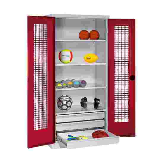 Sportmateriaalkast met schuifladen, hxbxd 195x120x50 cm, met vleugeldeuren van geperforeerde plaat Robijnrood (RAL 3003), Lichtgrijs (RAL 7035), Afzonderlijk slot per kast, Ergo-Lock handgreep