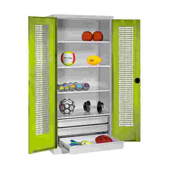 Sportmateriaalkast met schuifladen, hxbxd 195x120x50 cm, met vleugeldeuren van geperforeerde plaat Viridiaangroen (RDS 110 80 60), Lichtgrijs (RAL 7035), Afzonderlijk slot per kast, Ergo-Lock handgreep