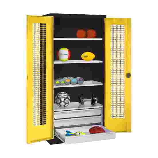 Sportmateriaalkast met schuifladen, hxbxd 195x120x50 cm, met vleugeldeuren van geperforeerde plaat Fel geel (RDS 080 80 60), Antraciet (RAL 7021), Afzonderlijk slot per kast, Ergo-Lock handgreep