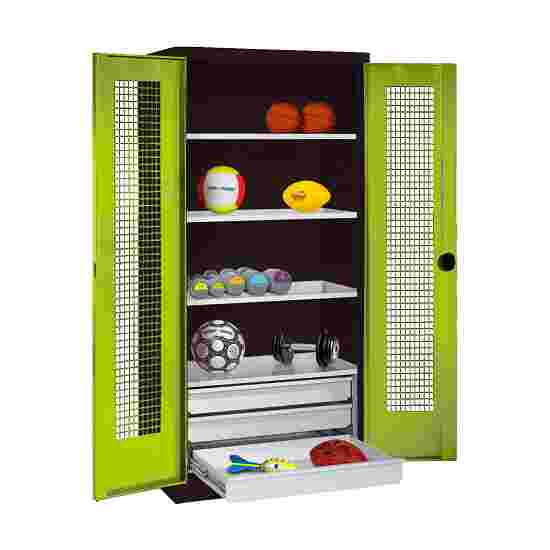 Sportmateriaalkast met schuifladen, hxbxd 195x120x50 cm, met vleugeldeuren van geperforeerde plaat Viridiaangroen (RDS 110 80 60), Antraciet (RAL 7021), Uniforme vergrendeling, Handvat