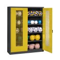 C+P Ballenkast (HxBxD195x150x50 cm, met geperforeerde plaatstaal vleugeldeuren, type 3) Fel geel (RDS 080 80 60), Antraciet (RAL 7021), Afzonderlijk slot per kast, Handvat