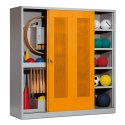 Sportmateriaalkast, hxbxd 195x190x60 cm, met schuifdeuren van geperforeerd plaatstaal (type 5) Geel-oranje (RAL 2000), Lichtgrijs (RAL 7035), Afzonderlijk slot per kast