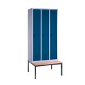 C+P Garderobekast/locker "S 3000 Evolo", vakbreedte 30 cm, met zitbank 209x90x50 cm, Gentiaanblauw (RAL 5010), 3 vakken