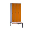 C+P Garderobekast/locker "S 3000 Evolo", vakbreedte 30 cm, met zitbank 209x90x50 cm, Geel-oranje (RAL 2000), 3 vakken