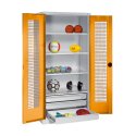 Sportmateriaalkast met schuifladen, hxbxd 195x120x50 cm, met vleugeldeuren van geperforeerde plaat Geel-oranje (RAL 2000), Lichtgrijs (RAL 7035), Uniforme vergrendeling, Handvat