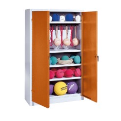 Sportmateriaalkast, hxbxd 195x120x50 cm, met vleugeldeuren van massief plaatstaal (type 2) Sienarood (RDS 050 40 50), Lichtgrijs (RAL 7035)