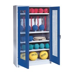 Sportmateriaalkast, hxbxd 195x120x50 cm, met vleugeldeuren van geperforeerde plaat (type 2) Gentiaanblauw (RAL 5010), Lichtgrijs (RAL 7035)