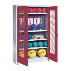 Sportmateriaalkast, hxbxd 195x120x50 cm, met vleugeldeuren van geperforeerde plaat (type 2) Robijnrood (RAL 3003), Lichtgrijs (RAL 7035)