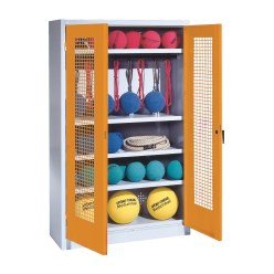 Sportmateriaalkast, hxbxd 195x120x50 cm, met vleugeldeuren van geperforeerde plaat (type 2) Geel-oranje (RAL 2000), Lichtgrijs (RAL 7035)