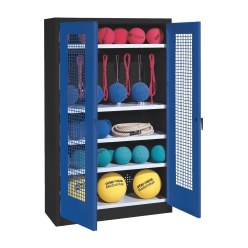 Sportmateriaalkast, hxbxd 195x120x50 cm, met vleugeldeuren van geperforeerde plaat (type 2) Gentiaanblauw (RAL 5010), Antraciet (RAL 7021)
