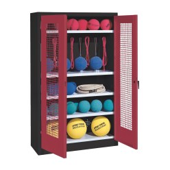 Sportmateriaalkast, hxbxd 195x120x50 cm, met vleugeldeuren van geperforeerde plaat (type 2) Robijnrood (RAL 3003), Antraciet (RAL 7021)