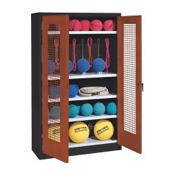 Sportmateriaalkast, hxbxd 195x120x50 cm, met vleugeldeuren van geperforeerde plaat (type 2) Sienarood (RDS 050 40 50), Antraciet (RAL 7021)