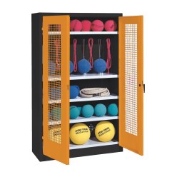 Sportmateriaalkast, hxbxd 195x120x50 cm, met vleugeldeuren van geperforeerde plaat (type 2) Geel-oranje (RAL 2000), Antraciet (RAL 7021)