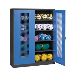 Ballenkast, hxbxd 195x150x50 cm, met vleugeldeuren van geperforeerde plaat (type 3) Gentiaanblauw (RAL 5010), Antraciet (RAL 7021)