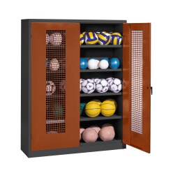 Ballenkast, hxbxd 195x150x50 cm, met vleugeldeuren van geperforeerde plaat (type 3) Sienarood (RDS 050 40 50), Antraciet (RAL 7021)