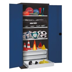 Sportmateriaalkast met schuifladen, hxbxd 195x120x50 cm, met vleugeldeuren van massief plaatstaal (type 3) Gentiaanblauw (RAL 5010), Antraciet (RAL 7021)