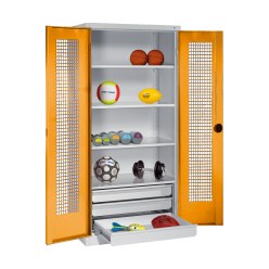 Sportmateriaalkast met schuifladen, hxbxd 195x120x50 cm, met vleugeldeuren van geperforeerde plaat Geel-oranje (RAL 2000), Lichtgrijs (RAL 7035)
