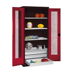 Sportmateriaalkast met schuifladen, hxbxd 195x120x50 cm, met vleugeldeuren van geperforeerde plaat